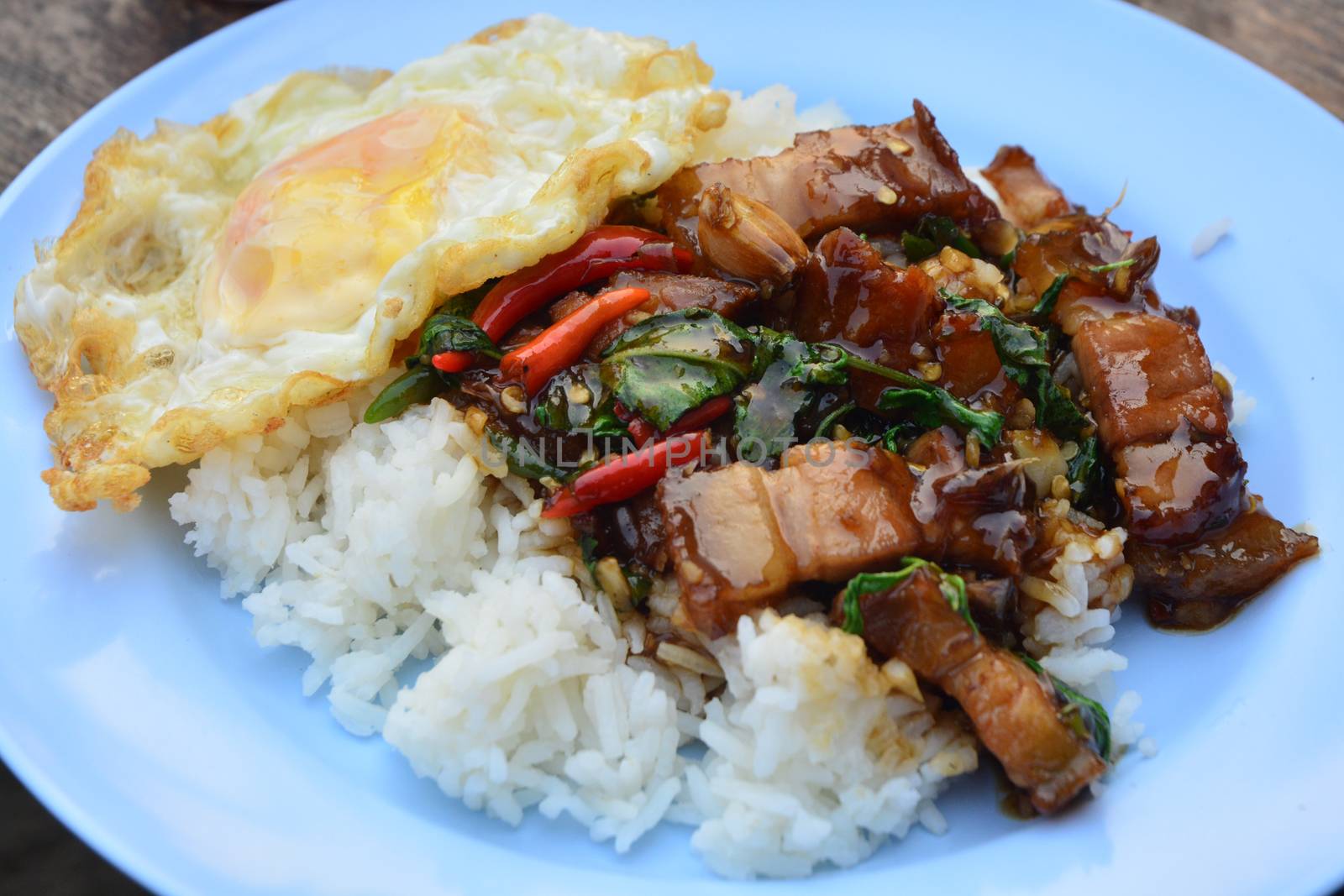 Thai Food Fried Basil With Crispy Pork by ideation90
