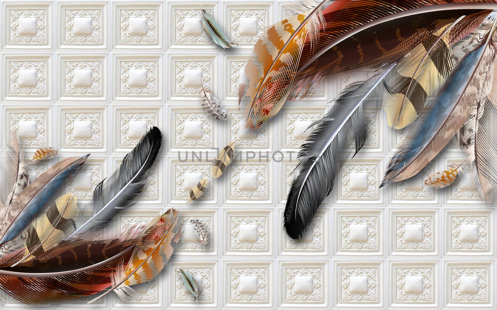 hand drawn water colour feather modern 3D minimalist background wall 