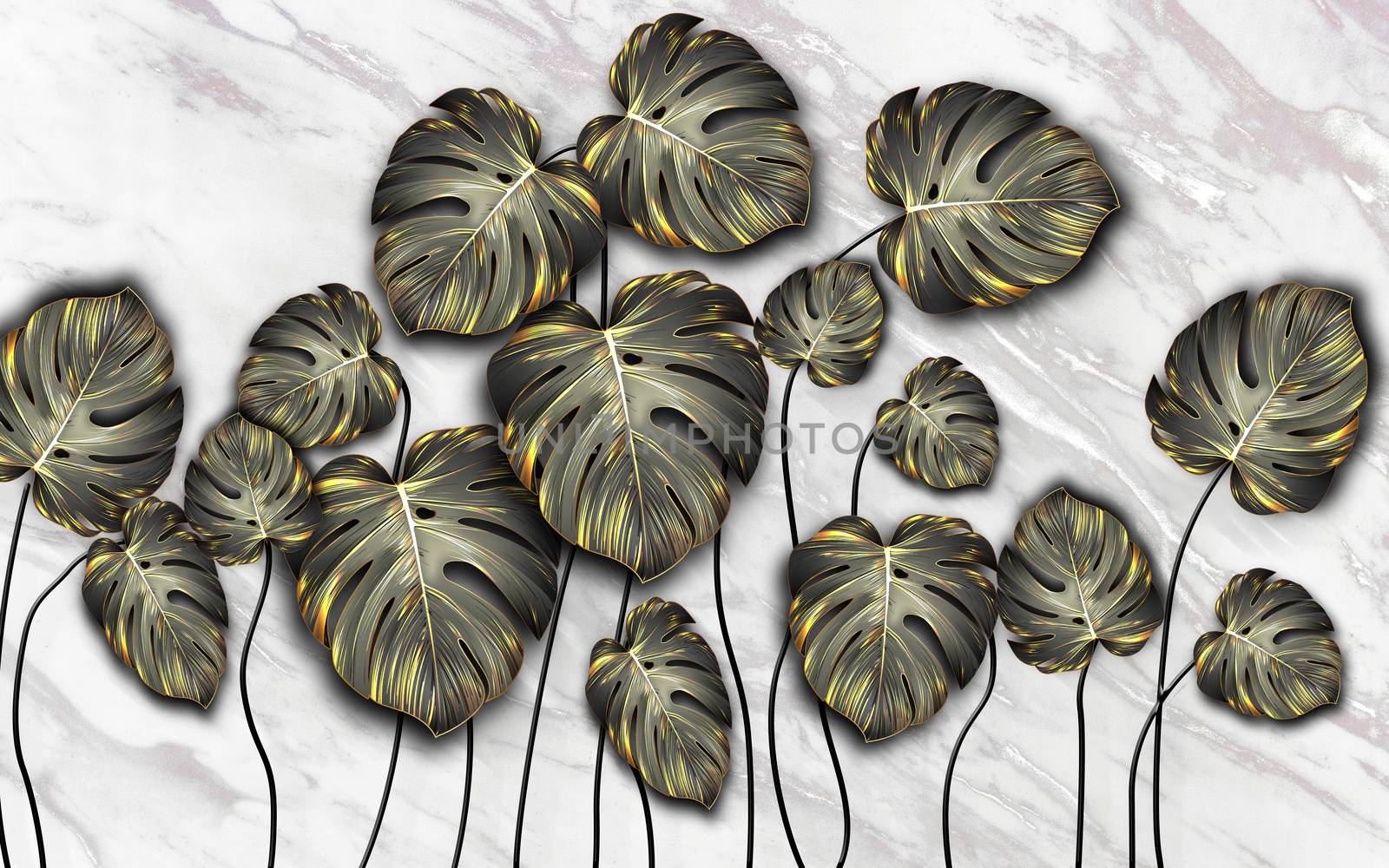 black and gold tropical leaves on dark marble background  Luxury exotic botanical