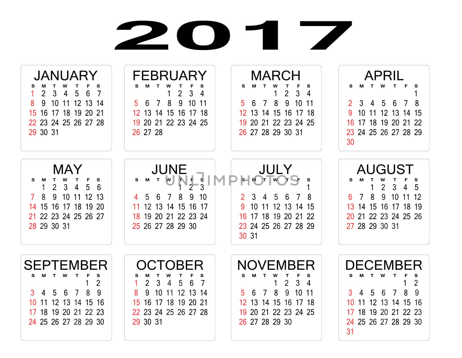 simple 2017 year calendar on white background