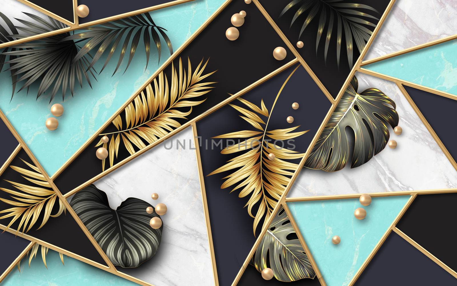 black and gold tropical leaves on dark marble background  Luxury exotic botanical