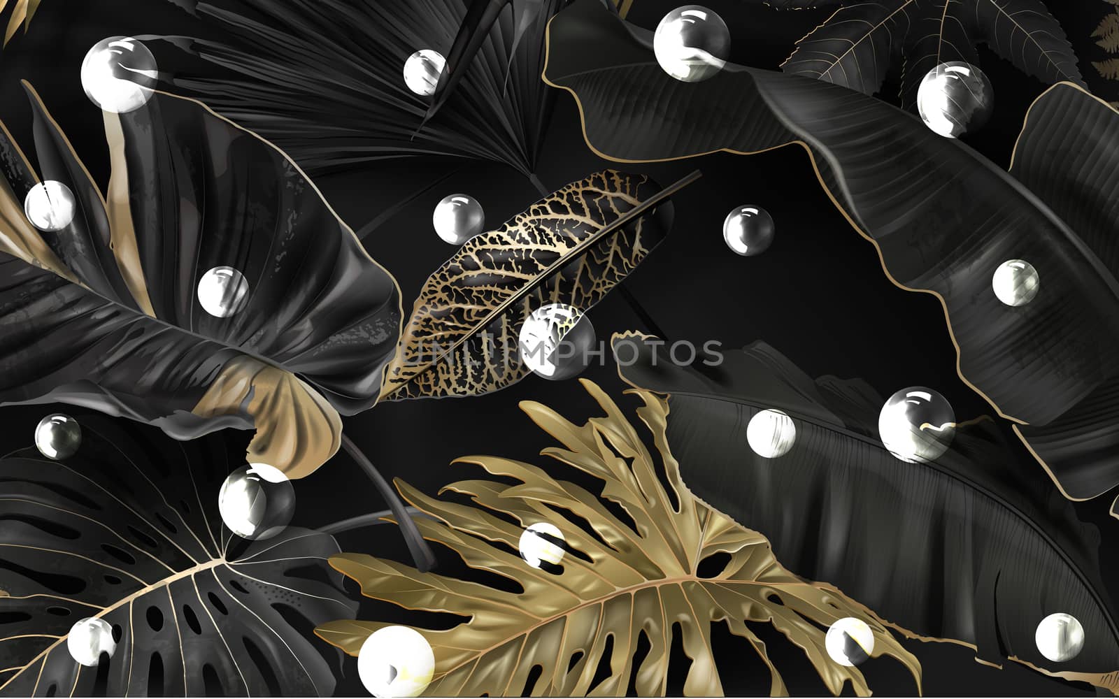 black and gold tropical leaves on dark marble background  Luxury exotic botanical