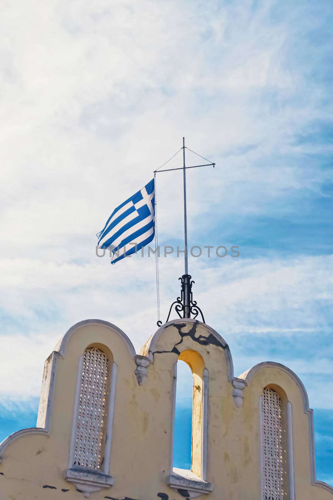 Greek flag and blue sky, travel and politics concept