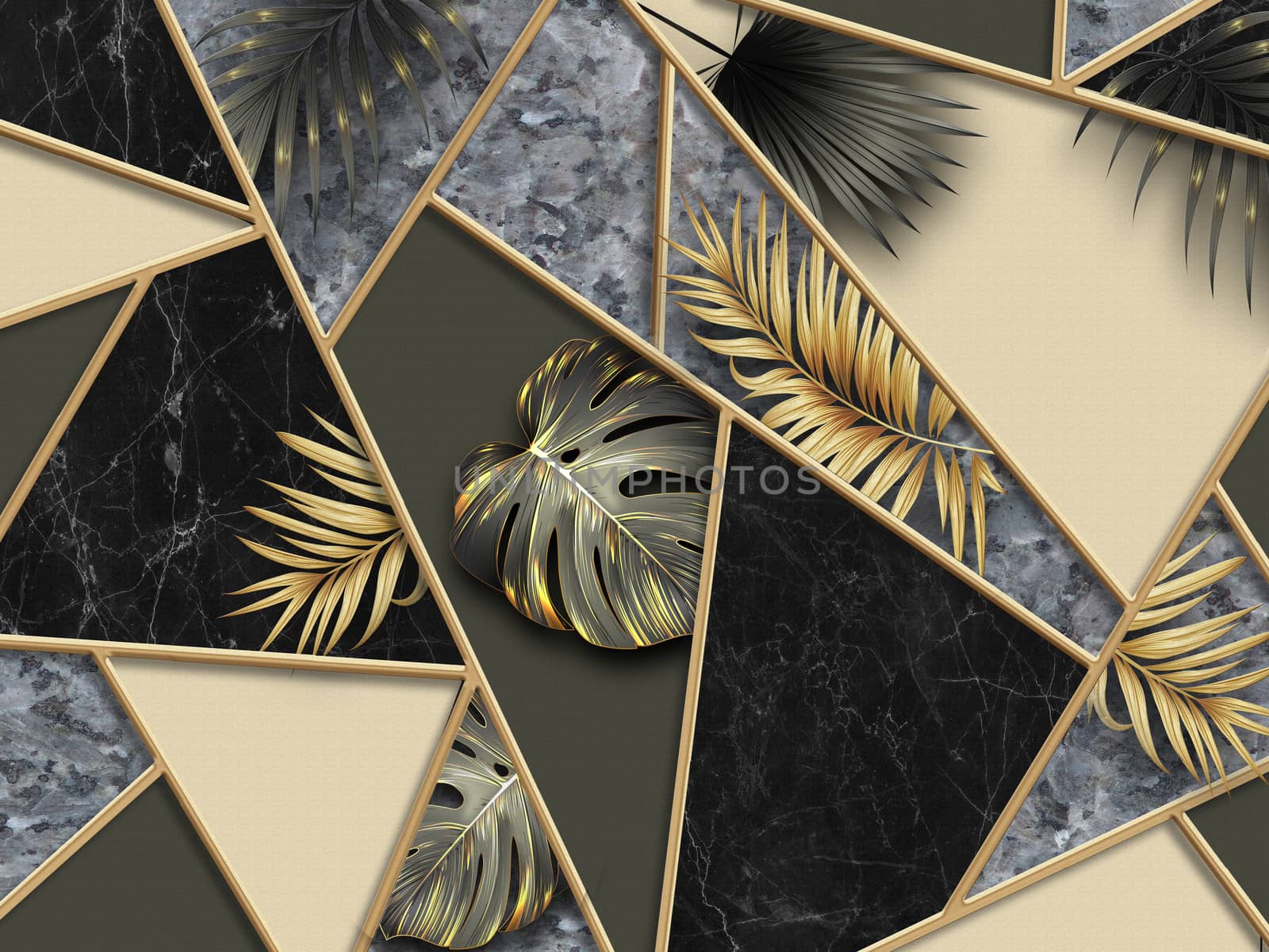 black and gold tropical leaves on dark background Luxury exotic  by ipinsadja