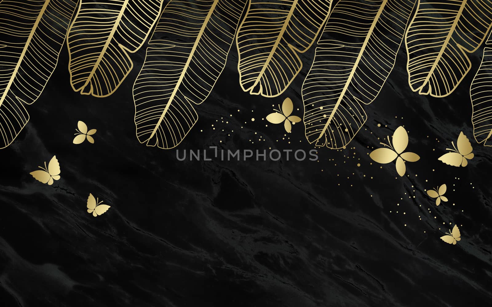 black and gold tropical leaves on dark marble background  Luxury exotic botanical