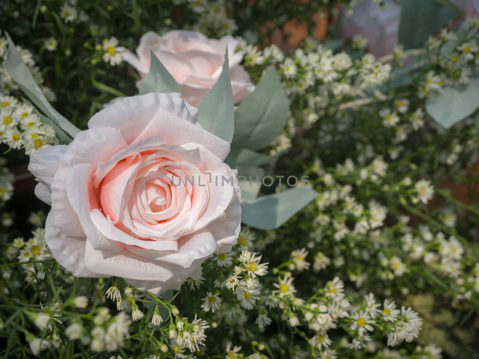 Beauty pink rose ornament with white little flowers on green lea by tete_escape