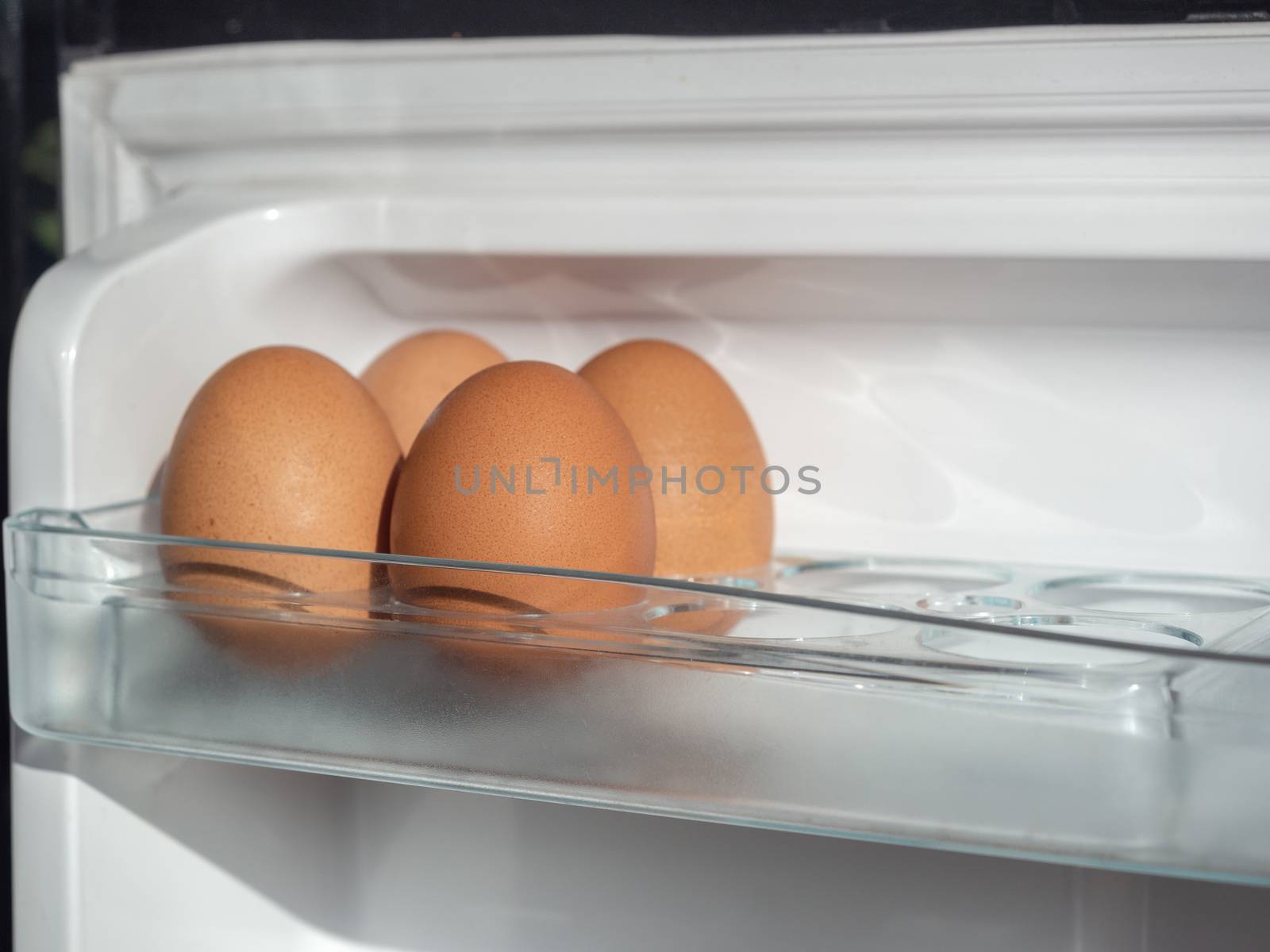 Four fresh chicken eggs on shelf of white refrigerator.