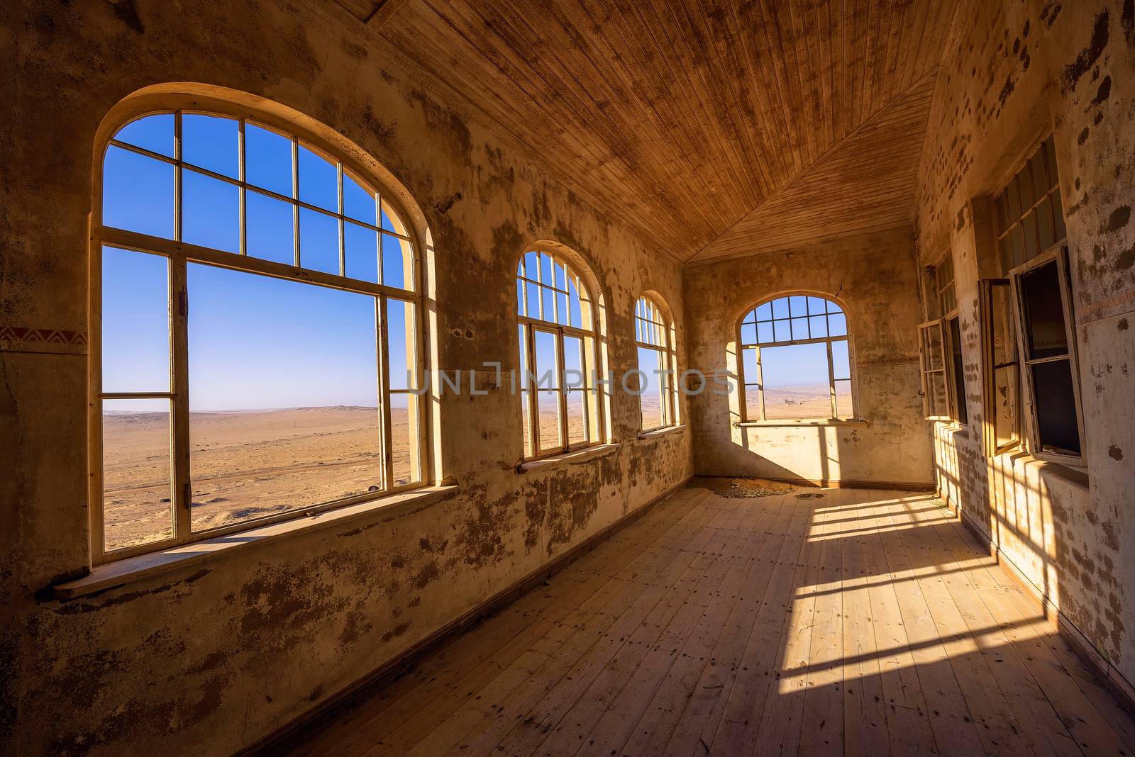 Ruins of the mining town named Kolmanskop located in the Namib desert near Luderitz in Namibia, Southern Africa