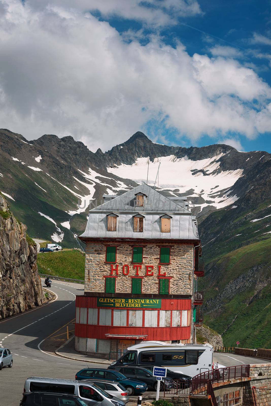 Furka Pass, Switzerland - July 21, 2019 : An old and closed mountain hotel Belvedere located near the Rhone Glacier at the Furka Pass.