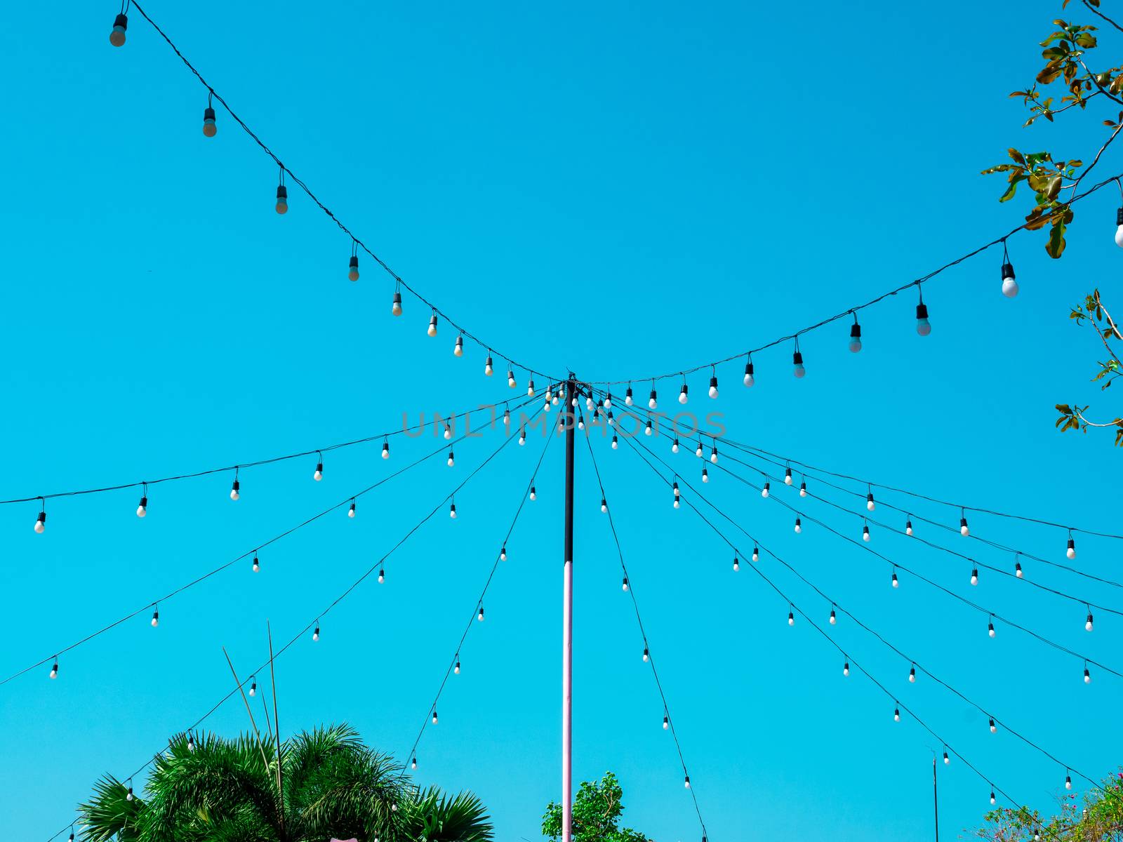 String wired bulbs from the pole in outdoor garden on blue sky background.
