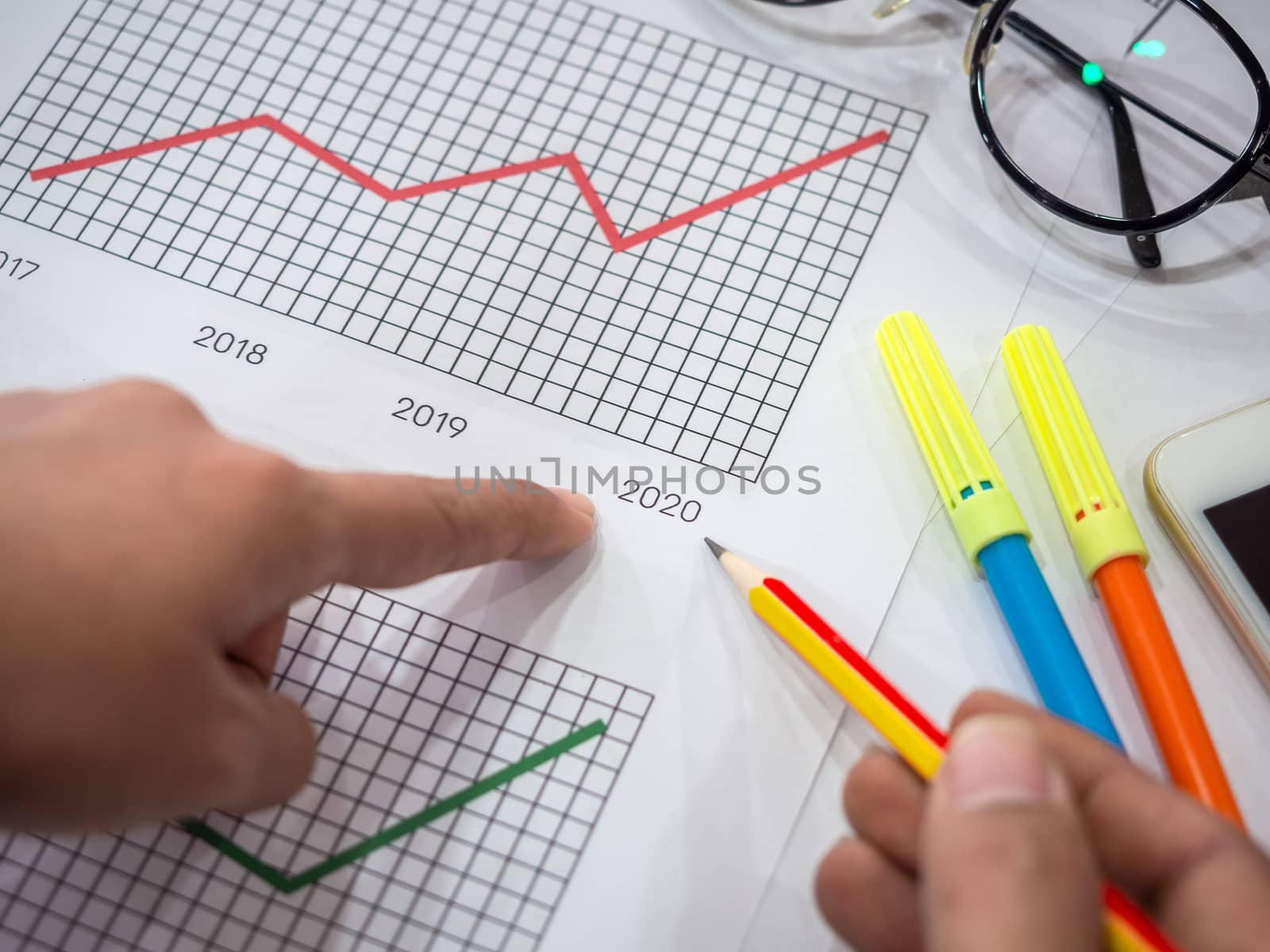 Business goal concept. Close-up hand pointing on 2020 on diagrams graphs by pencil with glasses, smartphone and highlighter pen on table.