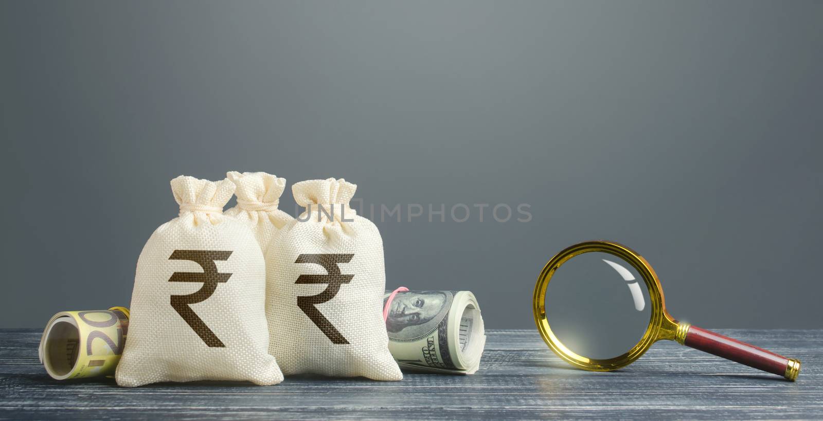 Indian rupee money bags and magnifying glass. Profitable investment, dividends payouts. Financial monitoring of suspicious cash transactions. Search sources of financing projects. Budget revision