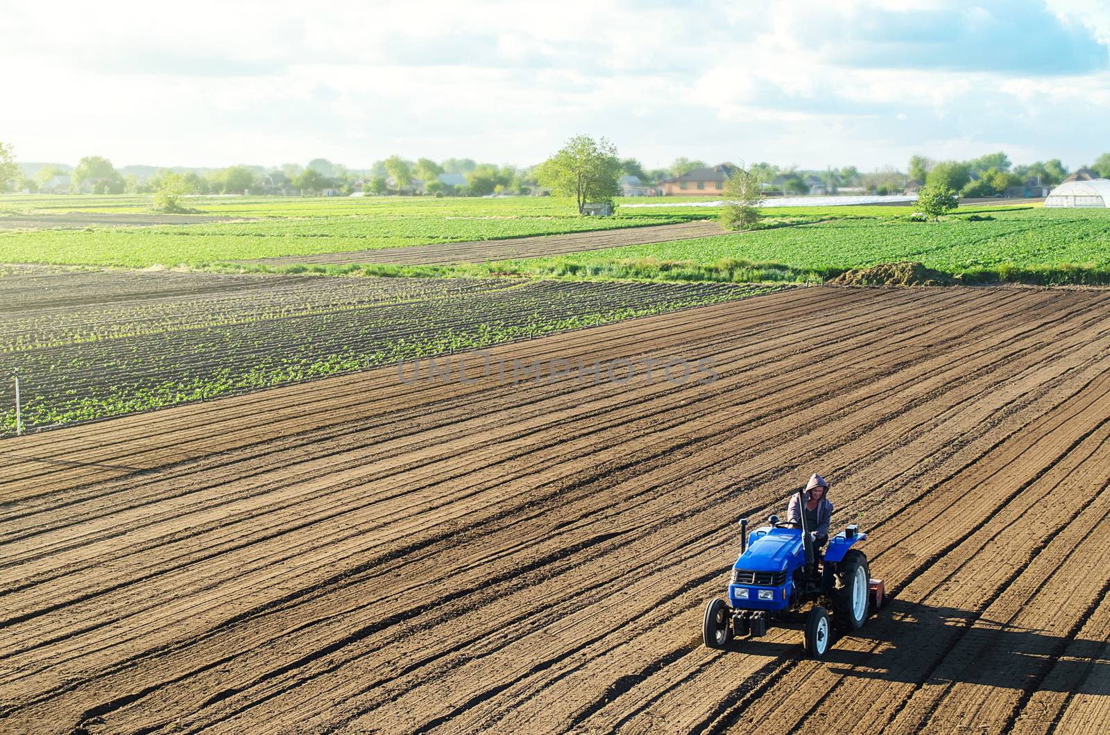 Farmer on a tractor cultivates a farm field. Grinding and loosening soil, removing plants and roots from past harvest. Field preparation for new crop planting. Cultivation equipment. Rural countryside by iLixe48