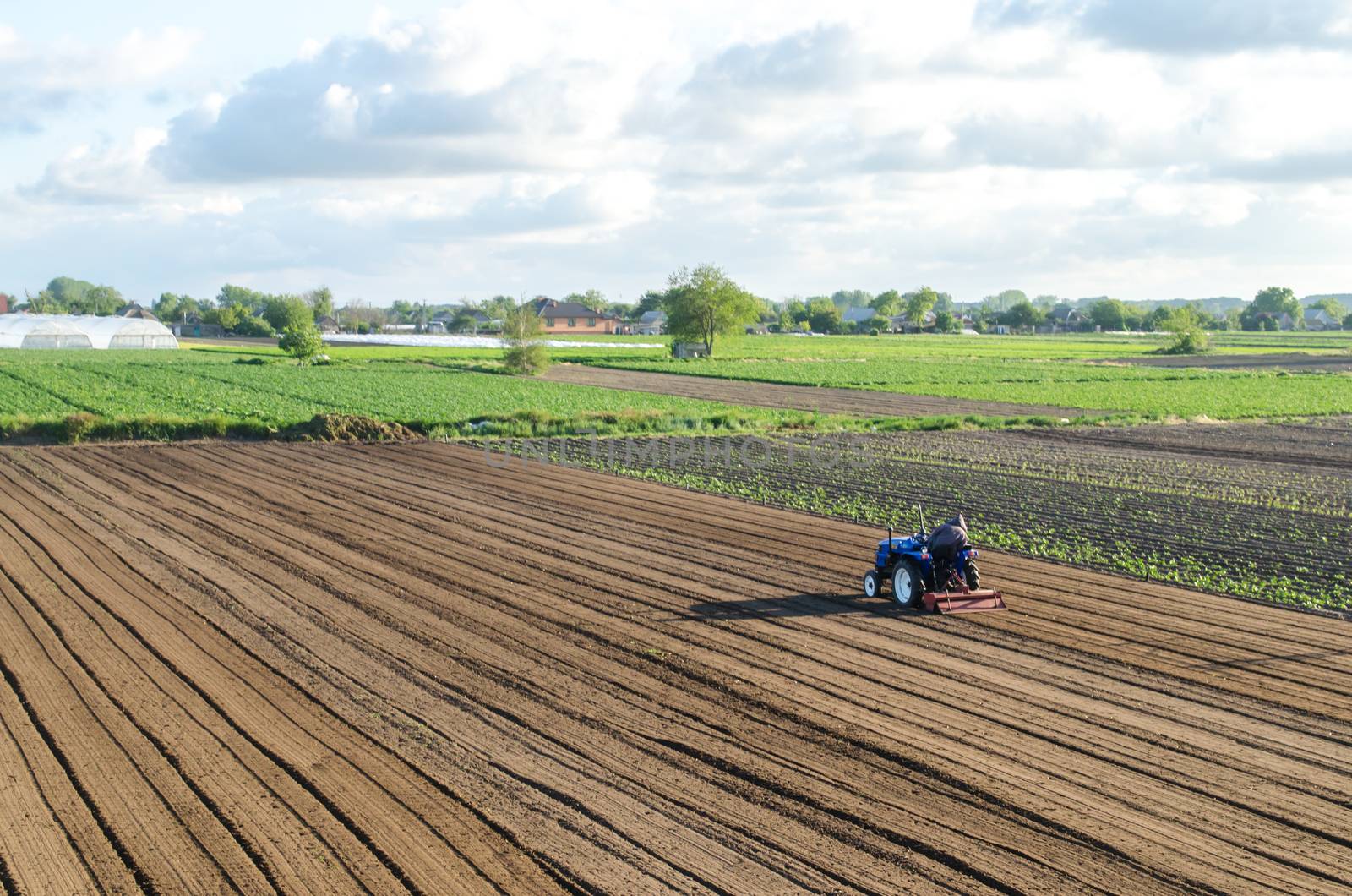 A tractor rides on a farm field. Loosening the surface, cultivating the land for further planting. Farmer on a tractor with milling machine loosens, grinds and mixes soil. Farming and agriculture. by iLixe48