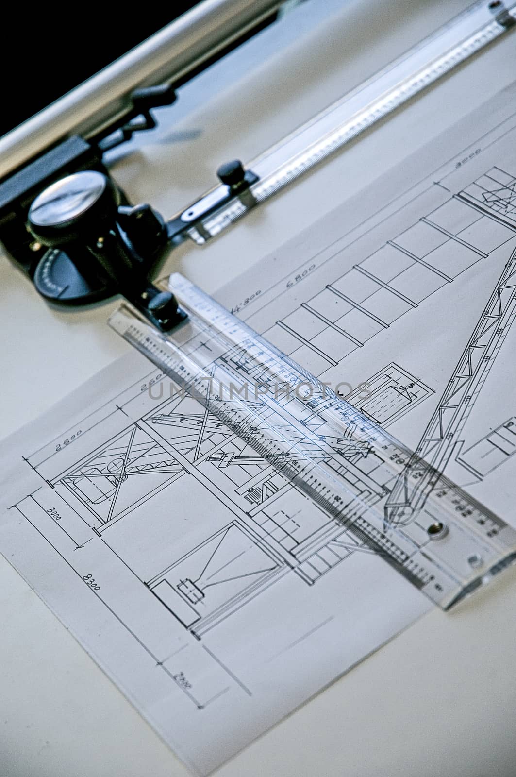 The value of handmade work of the past. A technical drawing of a project made entirely by hand on an old table-top desk, ingenuity and passion for one's work