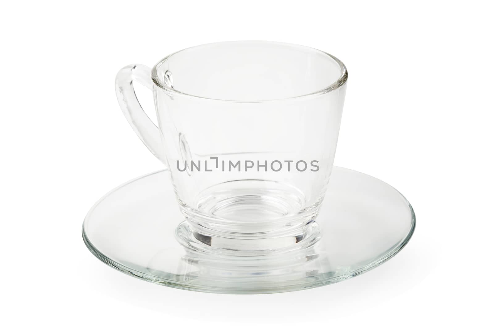 Empty glass cup of tea or coffee with handle isolated on white background.