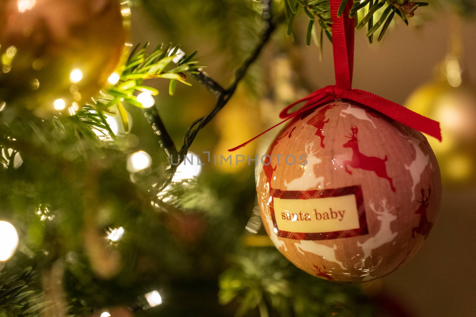 A Reindeer bauble Christmas Tree Decoration hanging from a tree