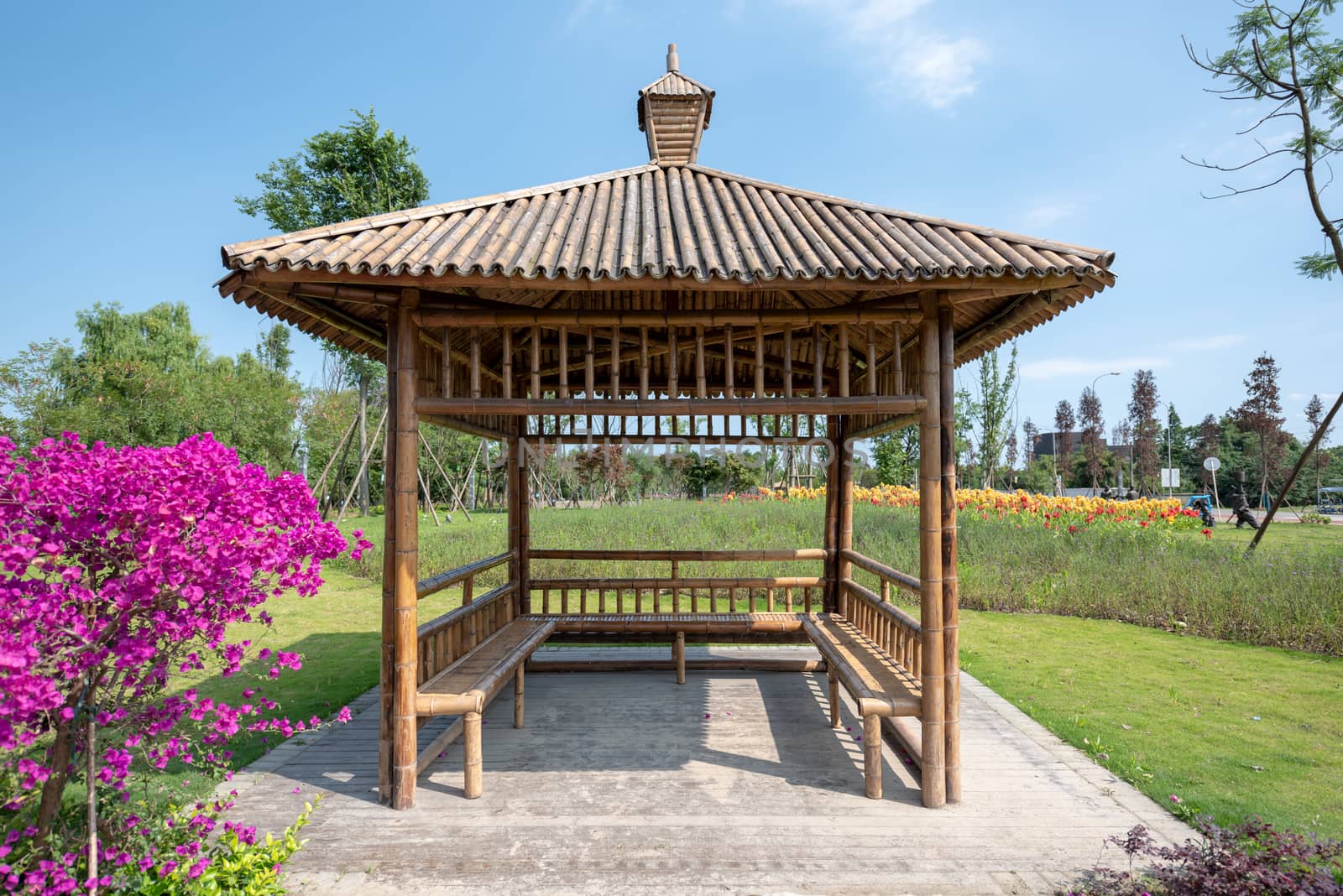 Bamboo pavilion in a park on a sunny day in Chengdu, Sichuan province, China