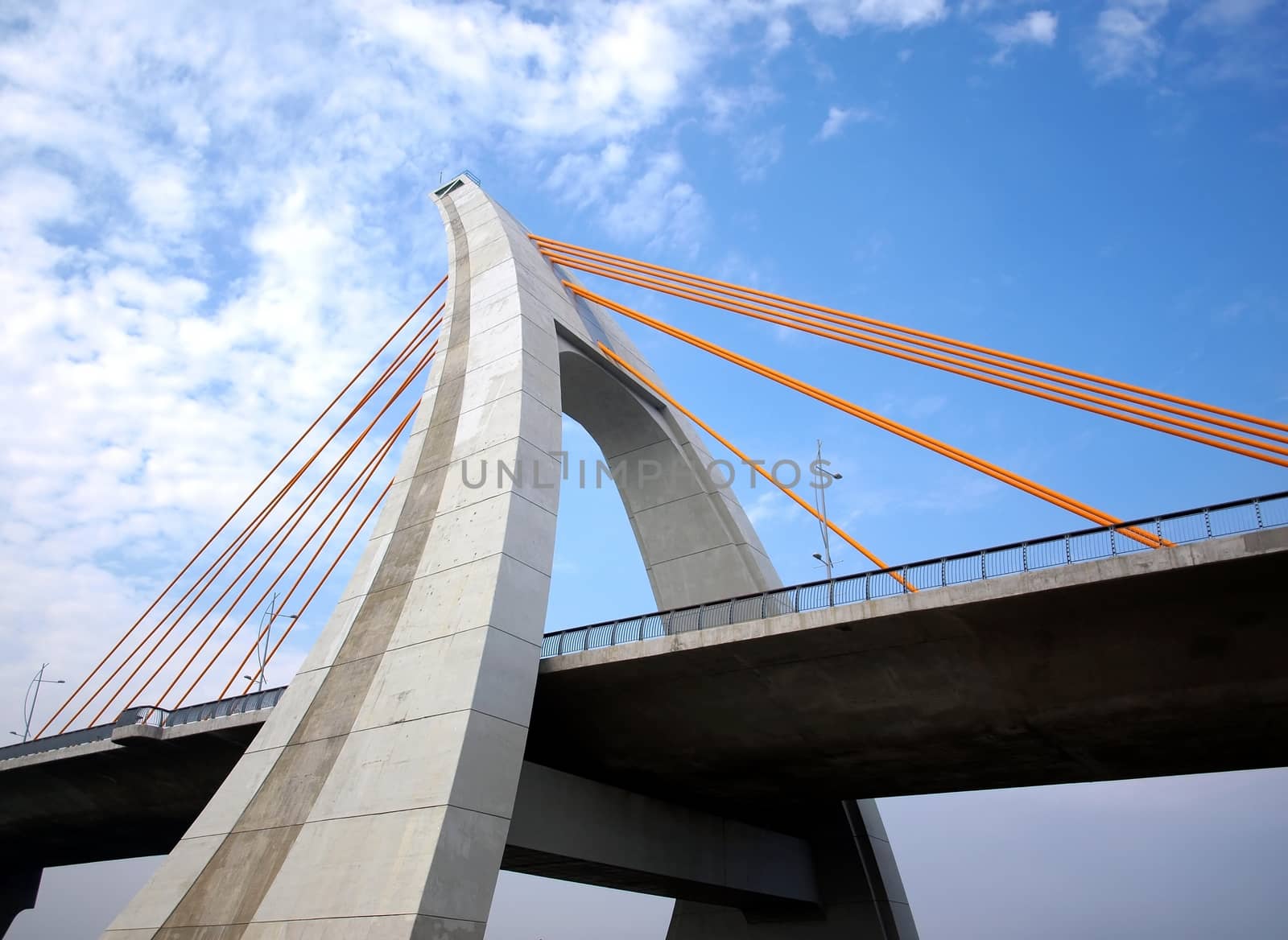 A modern single tower cable stayed bridge with thick steel cables