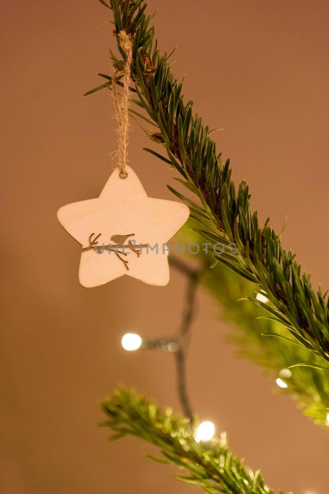 A wooden star shaped Christmas Tree Decoration hanging from a tree