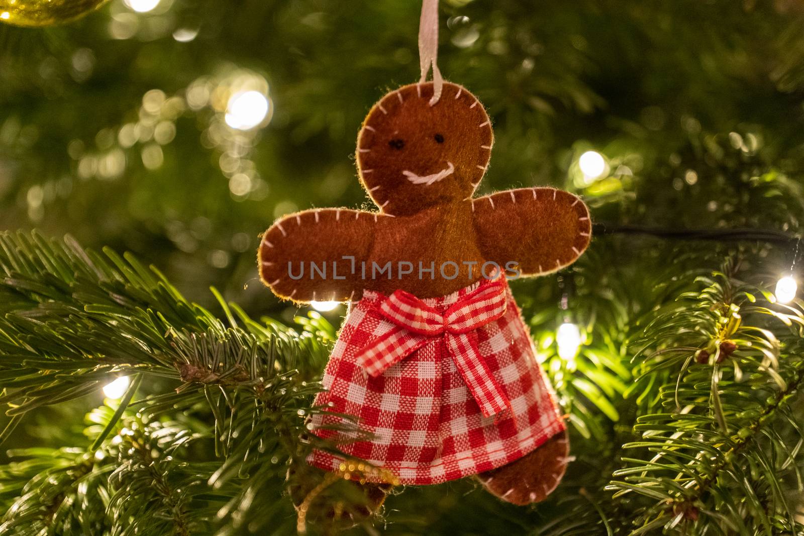 A fabric gingerbread man woman bear shaped Christmas Tree Decoration hanging from a tree