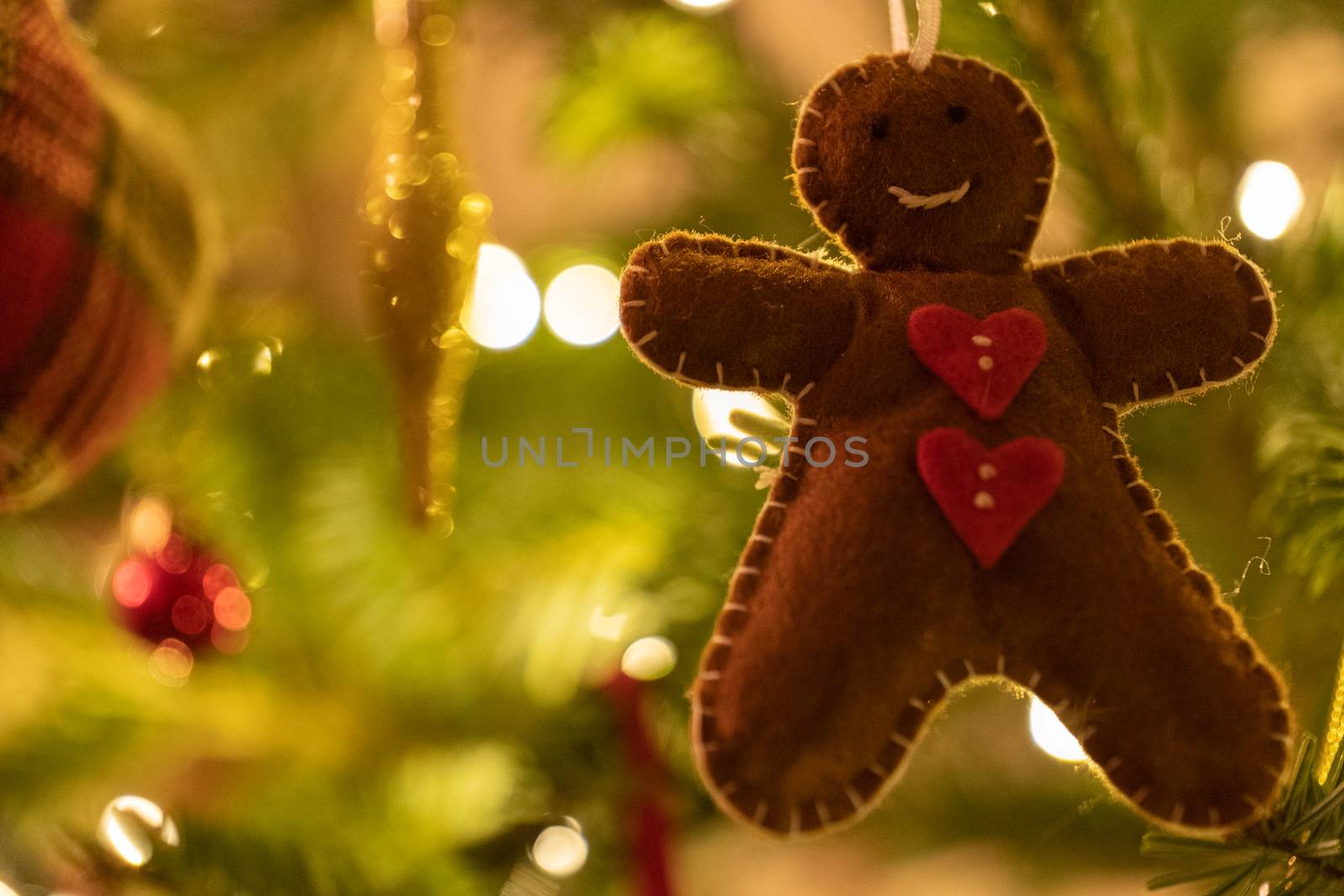 A fabric gingerbread man woman bear shaped Christmas Tree Decoration hanging from a tree