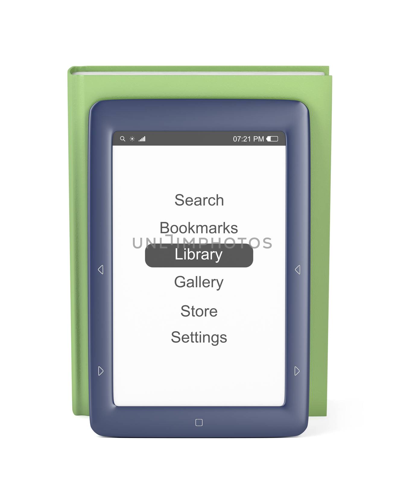 Blue e-book reader and green book by magraphics