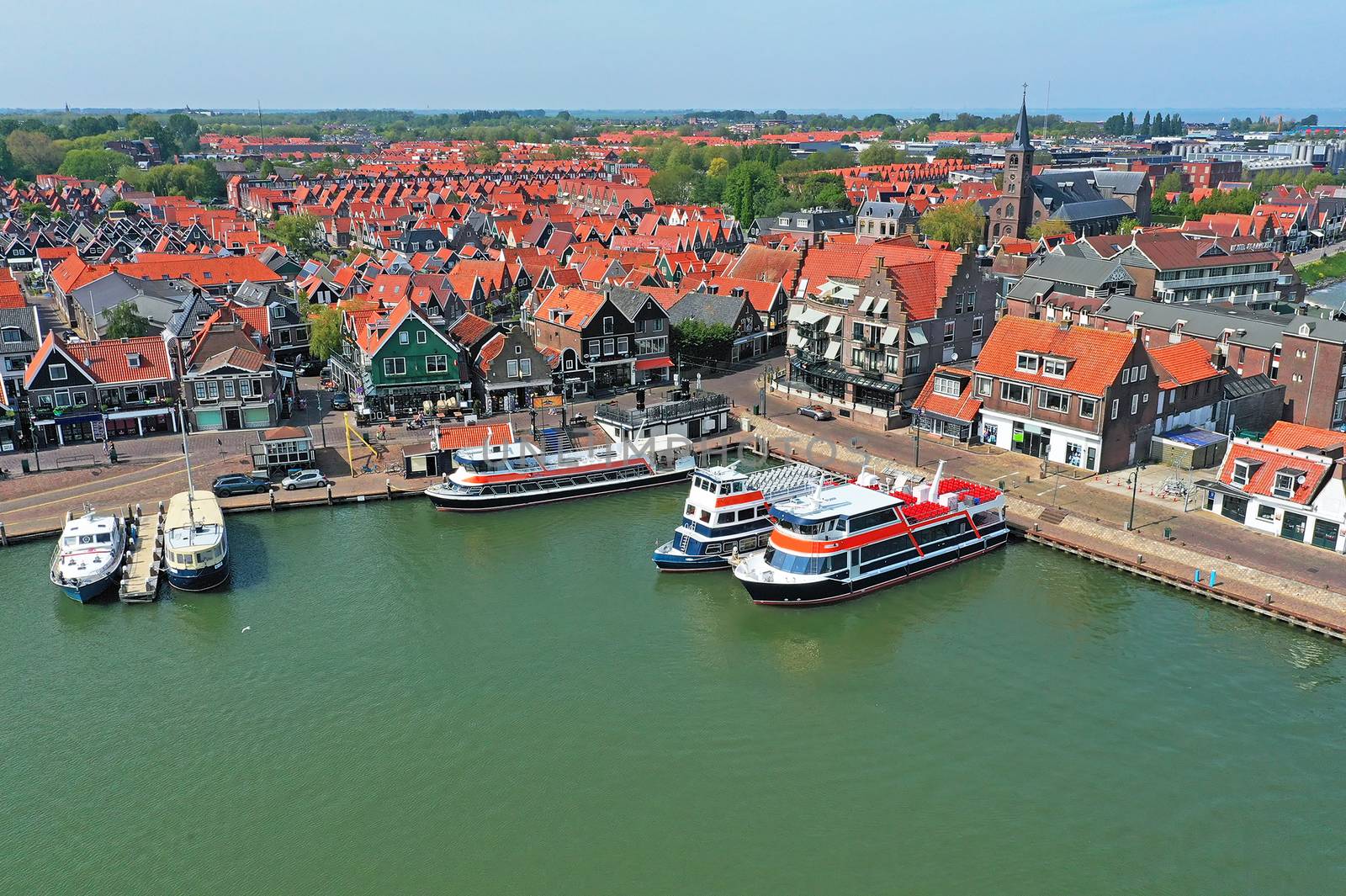 Aerial from the harbor and traditional village Volendam in the Netherlands