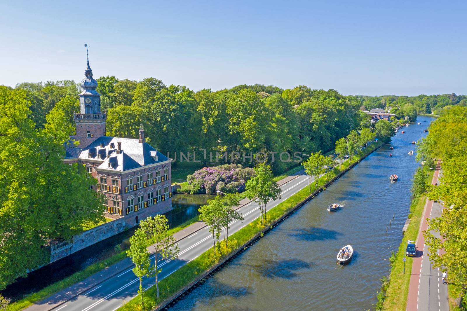 Aerial from the river Vecht with castle Nijenrode in the Netherl by devy