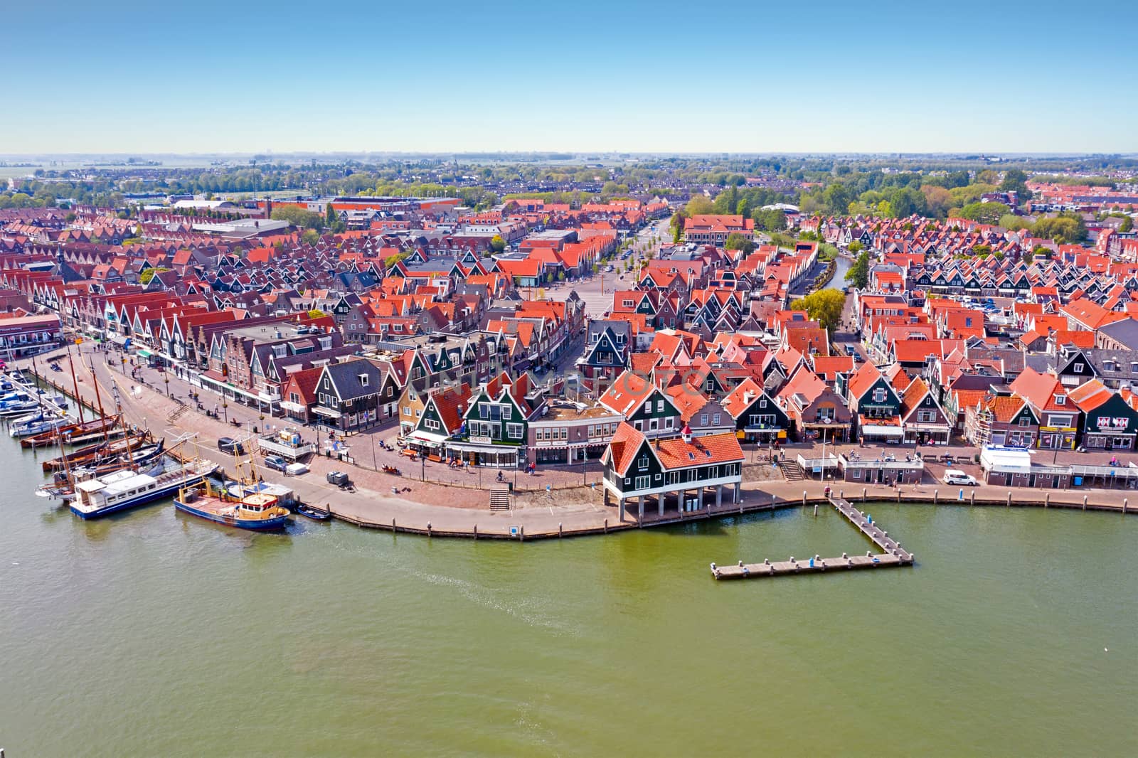 Aerial from the harbor and traditional village Volendam in the Netherlands