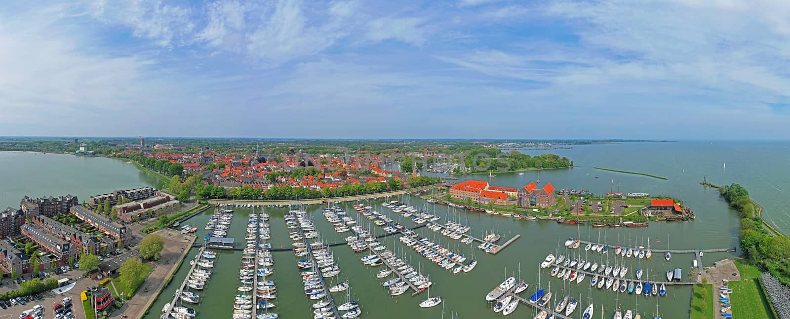 Aerial Panorama from the harbor and the historical city Enkhuize by devy