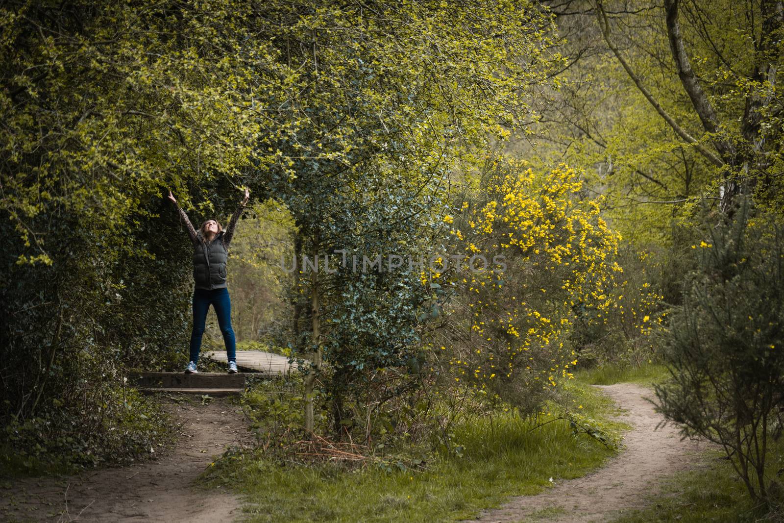 A young woman stood underneath an archway created by trees in the countryside