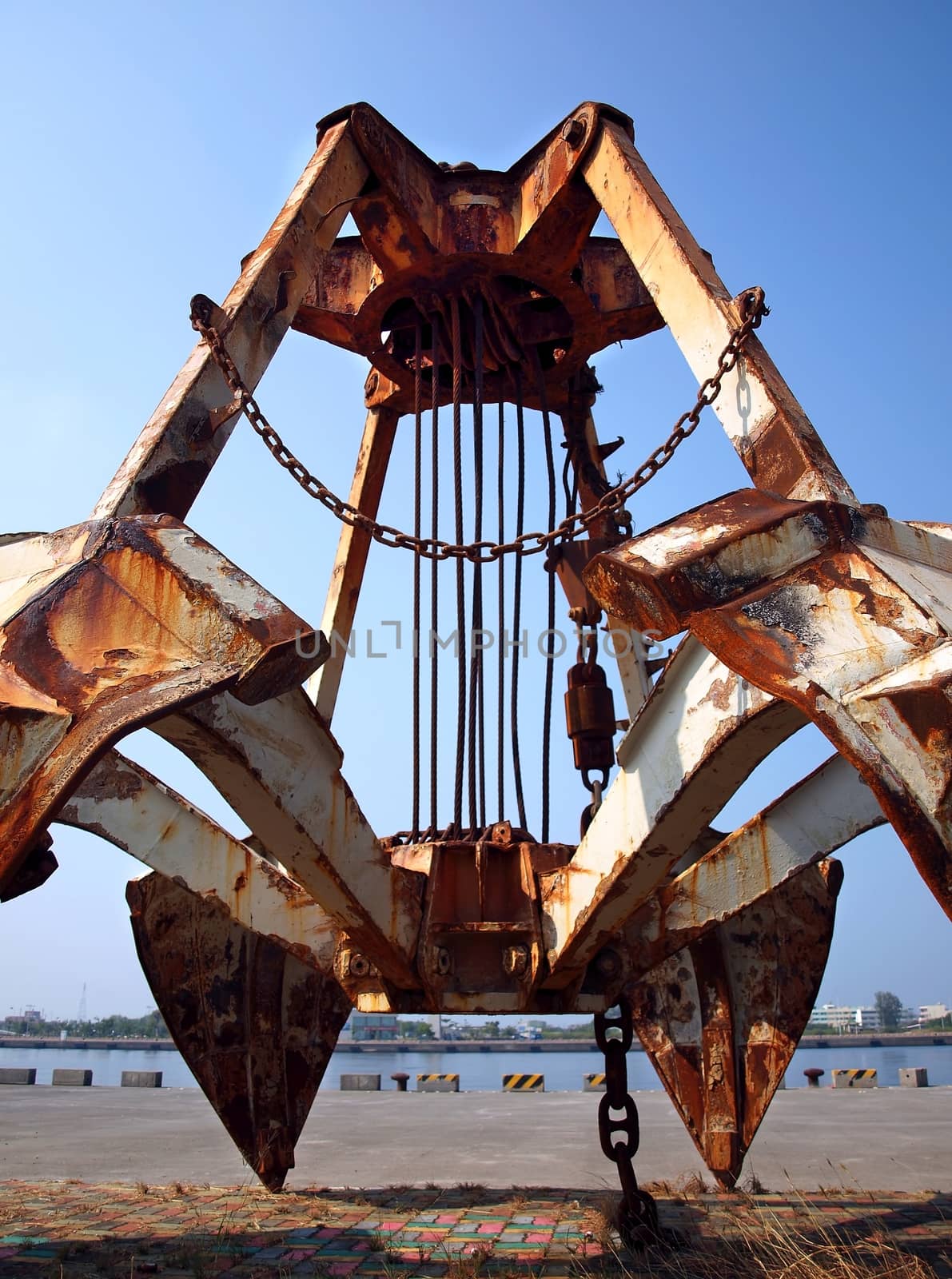 A large clam shell grabber previously used for dredging operations