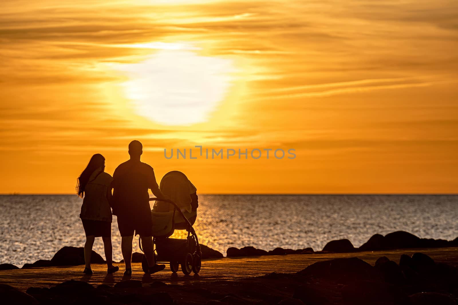 silhouette of people walking and biking on the pier during the golden hour of sunset