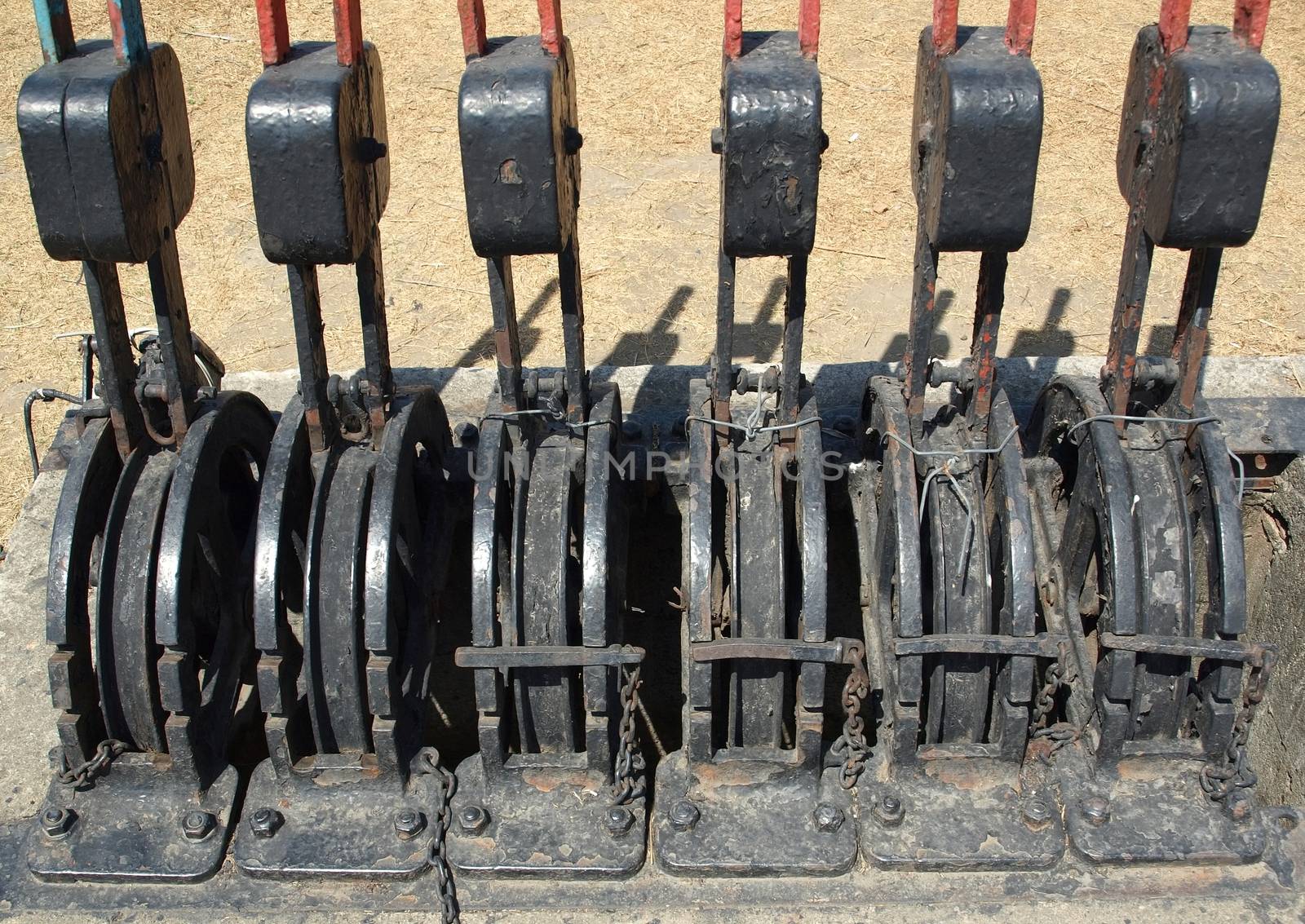 Old manual railroad switching devices with levers