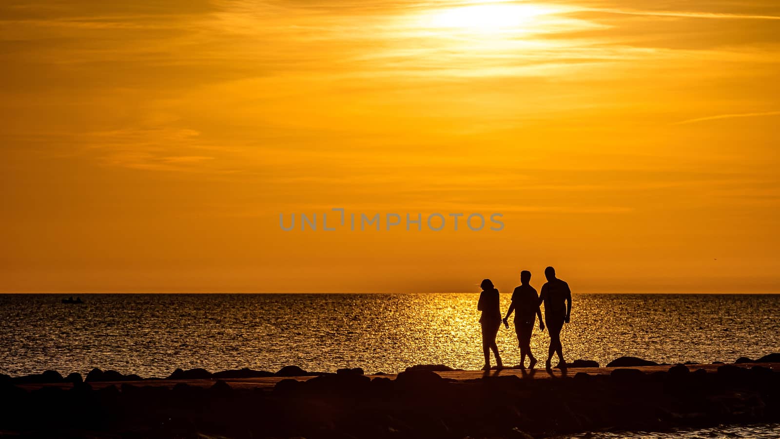 silhouette of people walking and biking on the pier during the golden hour of sunset