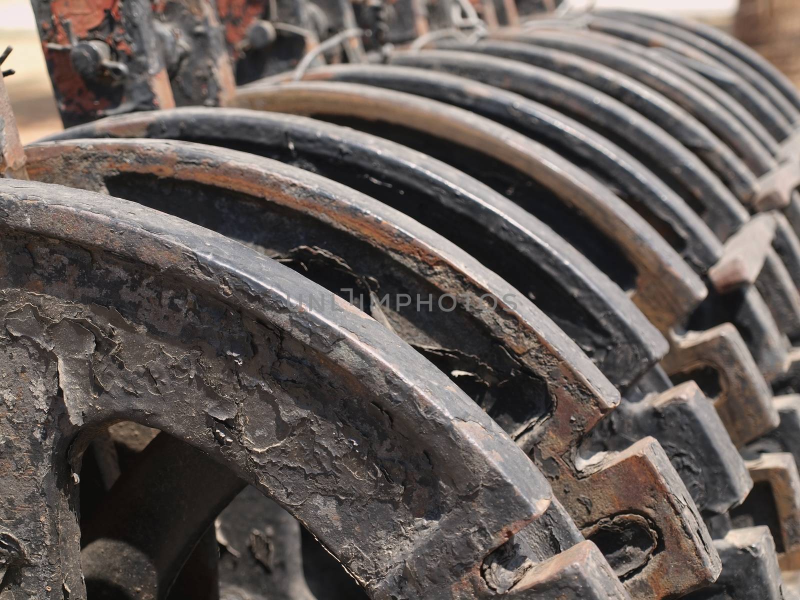 Old manual railroad switching device with shallow focus