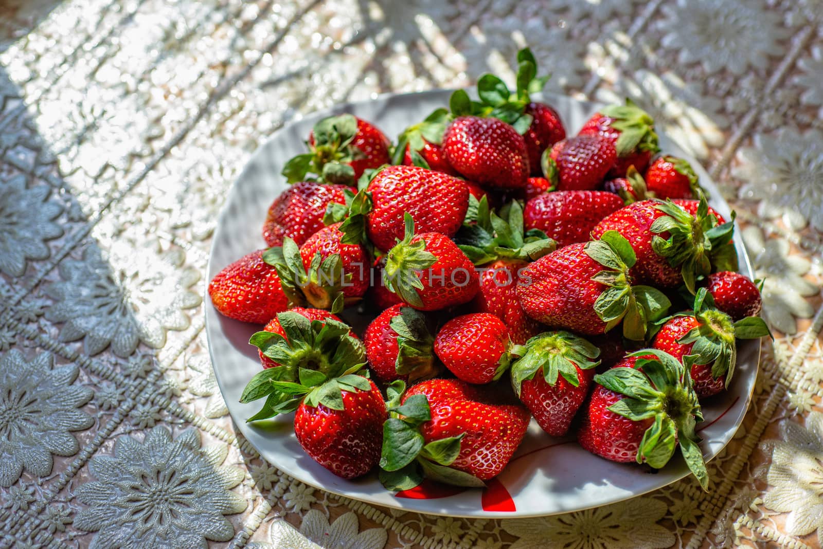Fresh strawberries on a white plate, on a picnic table - image