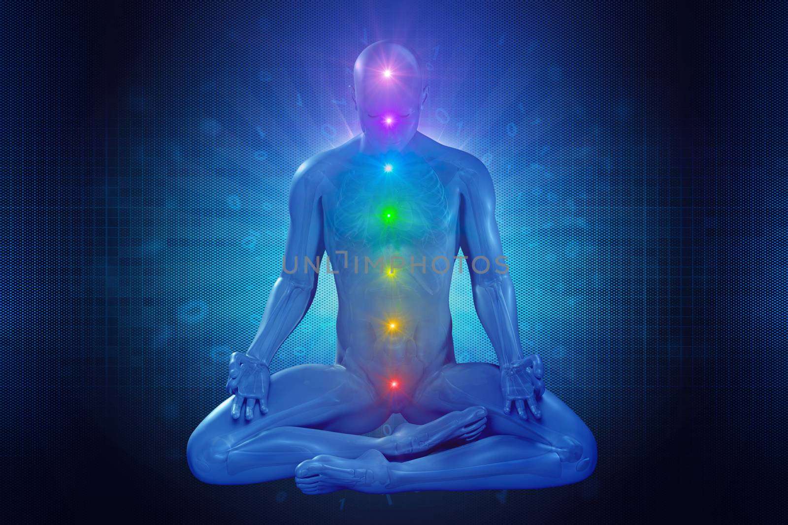 man meditating with seven colorful chakras