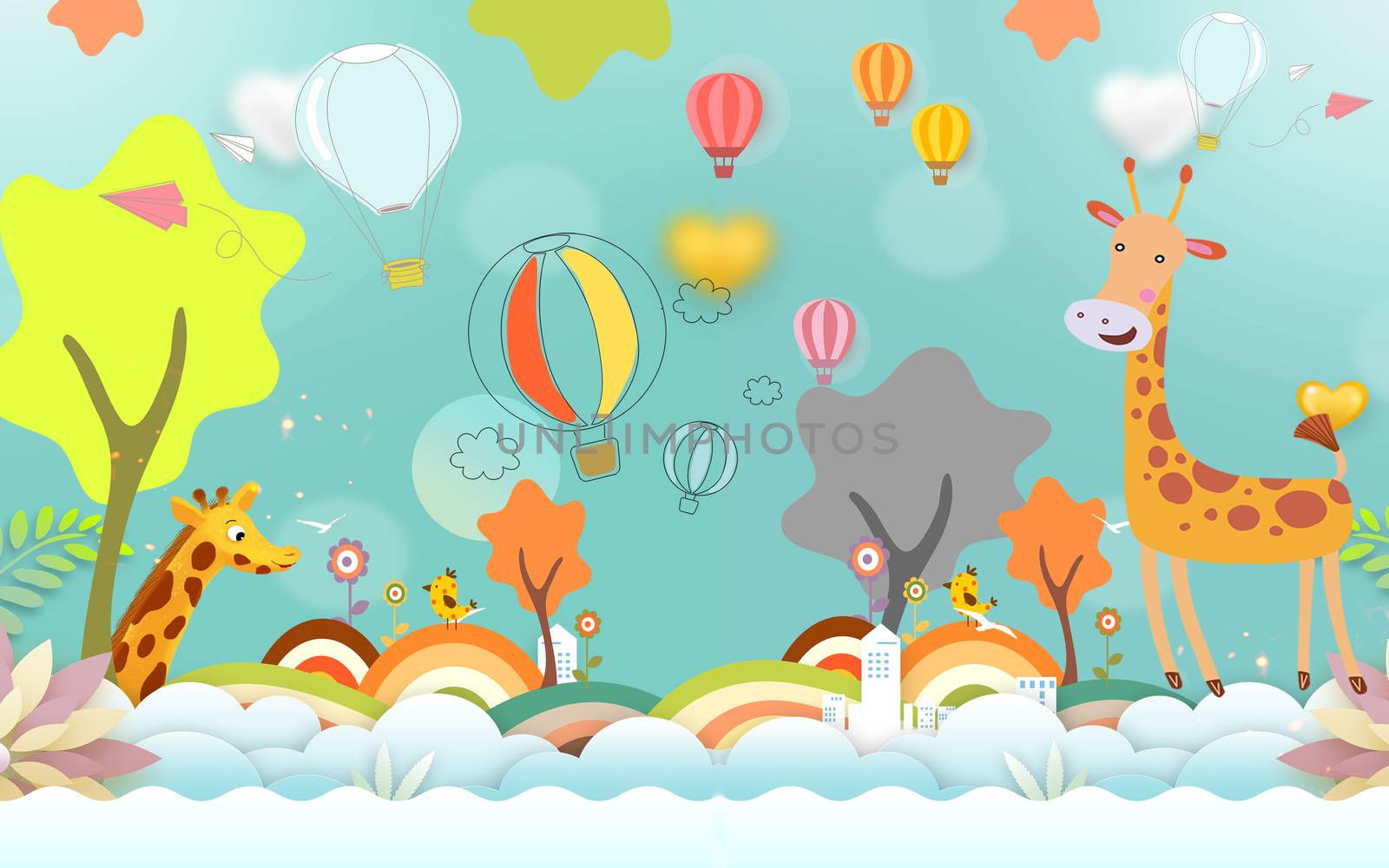 kids wallpaper decoration for wall line strips  giraffe clouds children