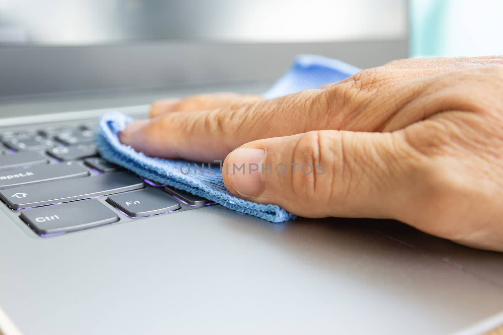 Concept Prevention cleaning frequently, Focus on the high traffic areas that enable pathogens to spread around the computer equipment such as keyboards of laptop computer