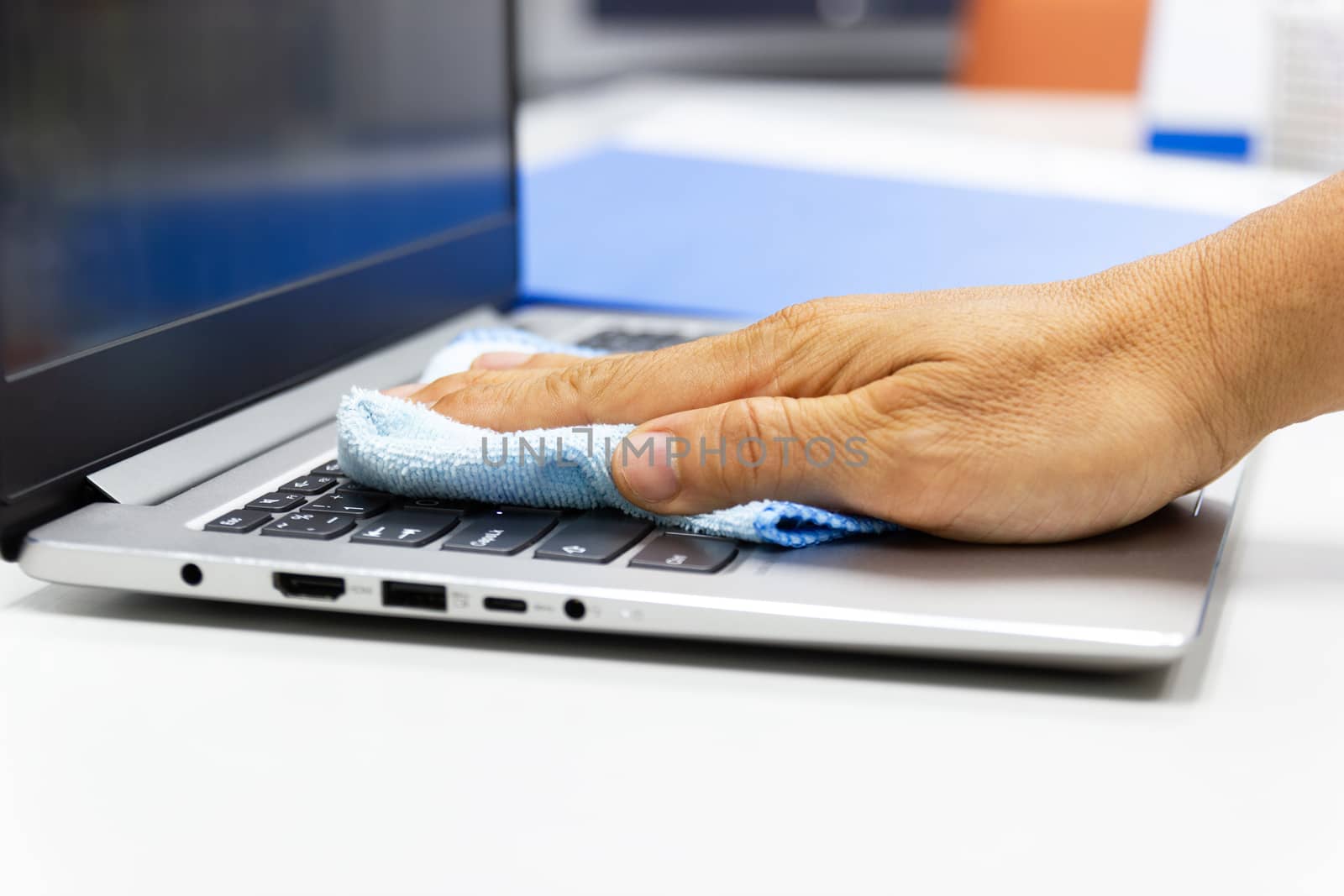 Concept Prevention cleaning frequently, Focus on the high traffic areas that enable pathogens to spread around the computer equipment such as keyboards of laptop computer