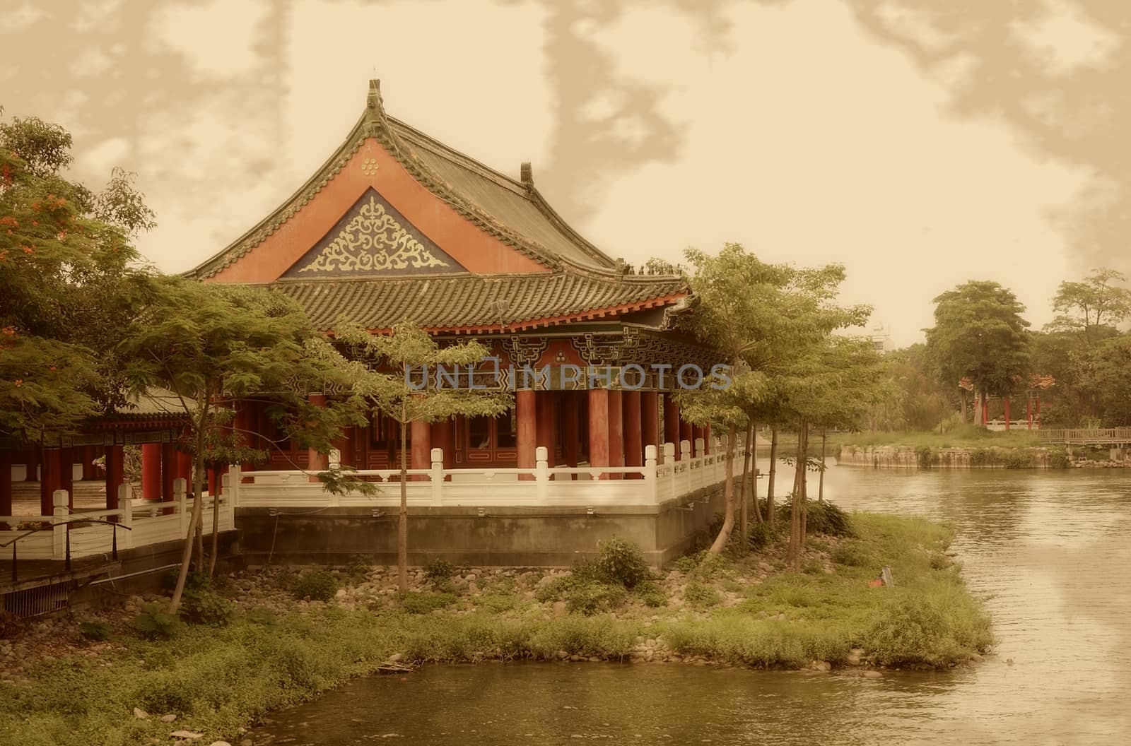 Vintage Photo of Temple by the Lake by shiyali