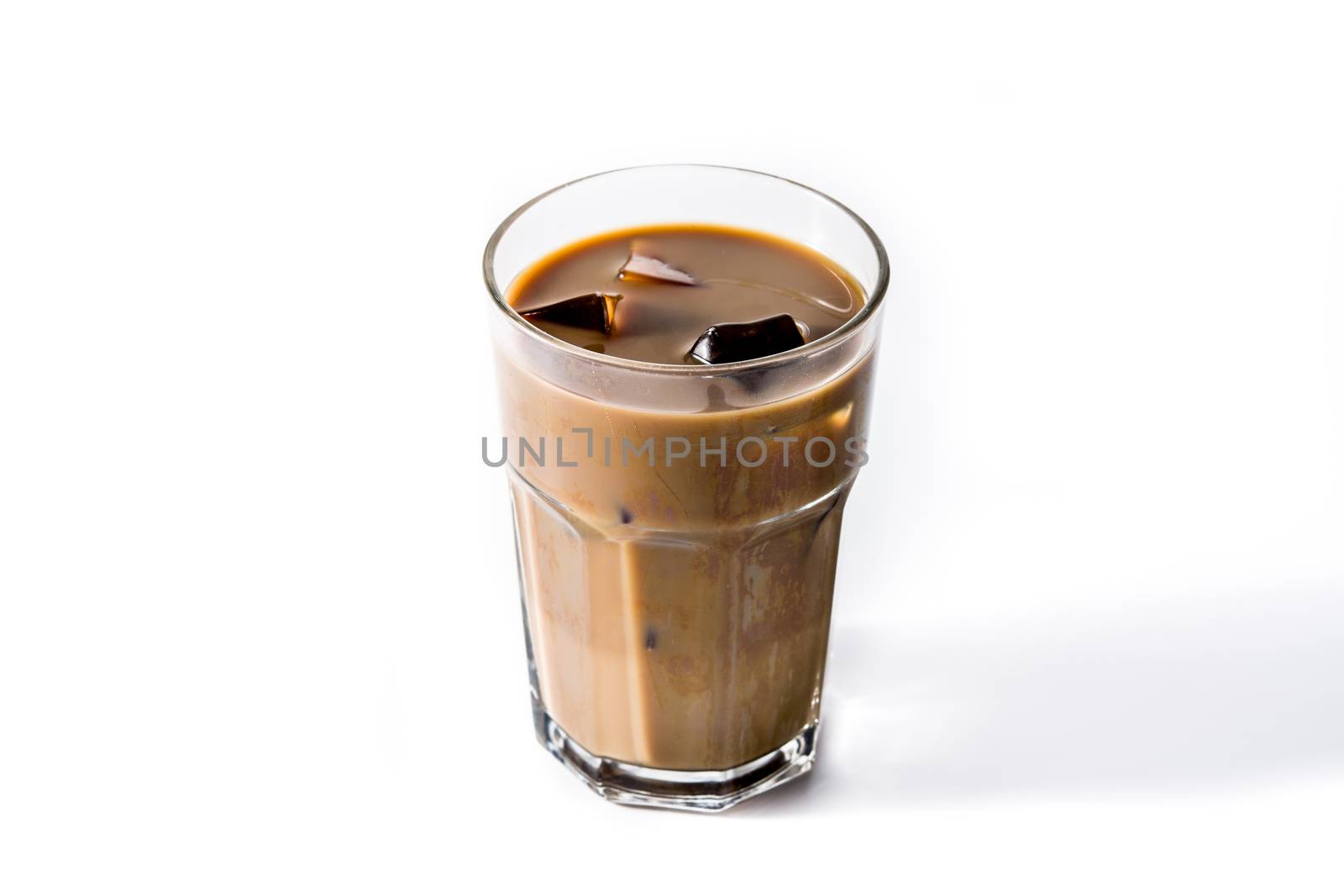 Iced coffee or caffe latte in tall glass isolated on white background