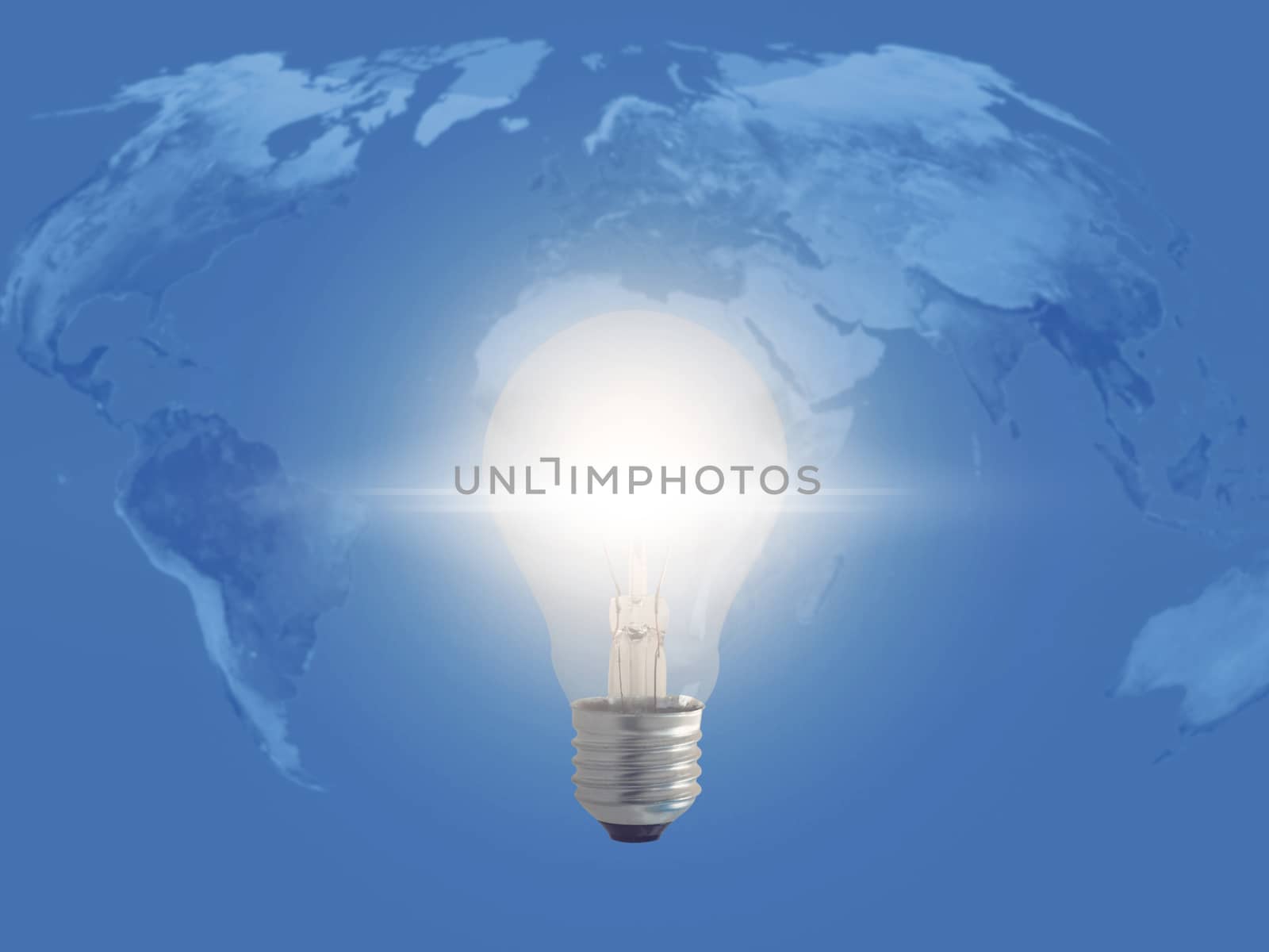 Energy concept, world map and light bulb on blue background, nature and ecology, Elements of this image furnished by NASA