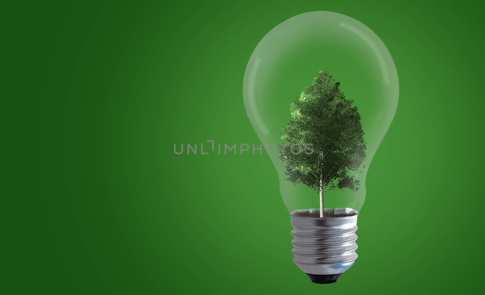 Energy concept, tree and light bulb on green background, nature and ecology