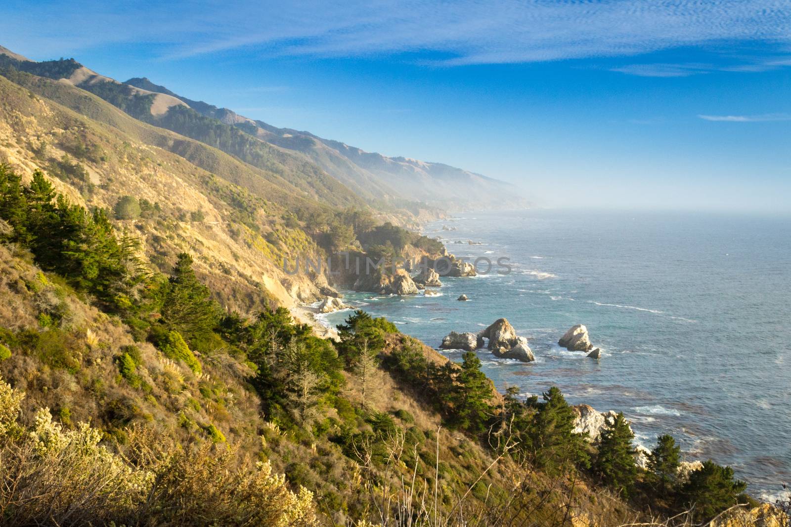 Coastal view of Big Sur landscape and scenery, with pacific ocean and rocks on the coastline during sunset.California, USA. Travel and tourism
