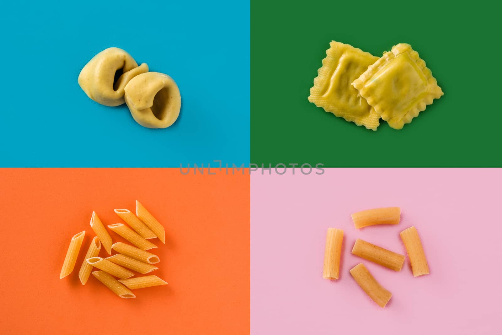 Collage of different types of pasta on colorful background