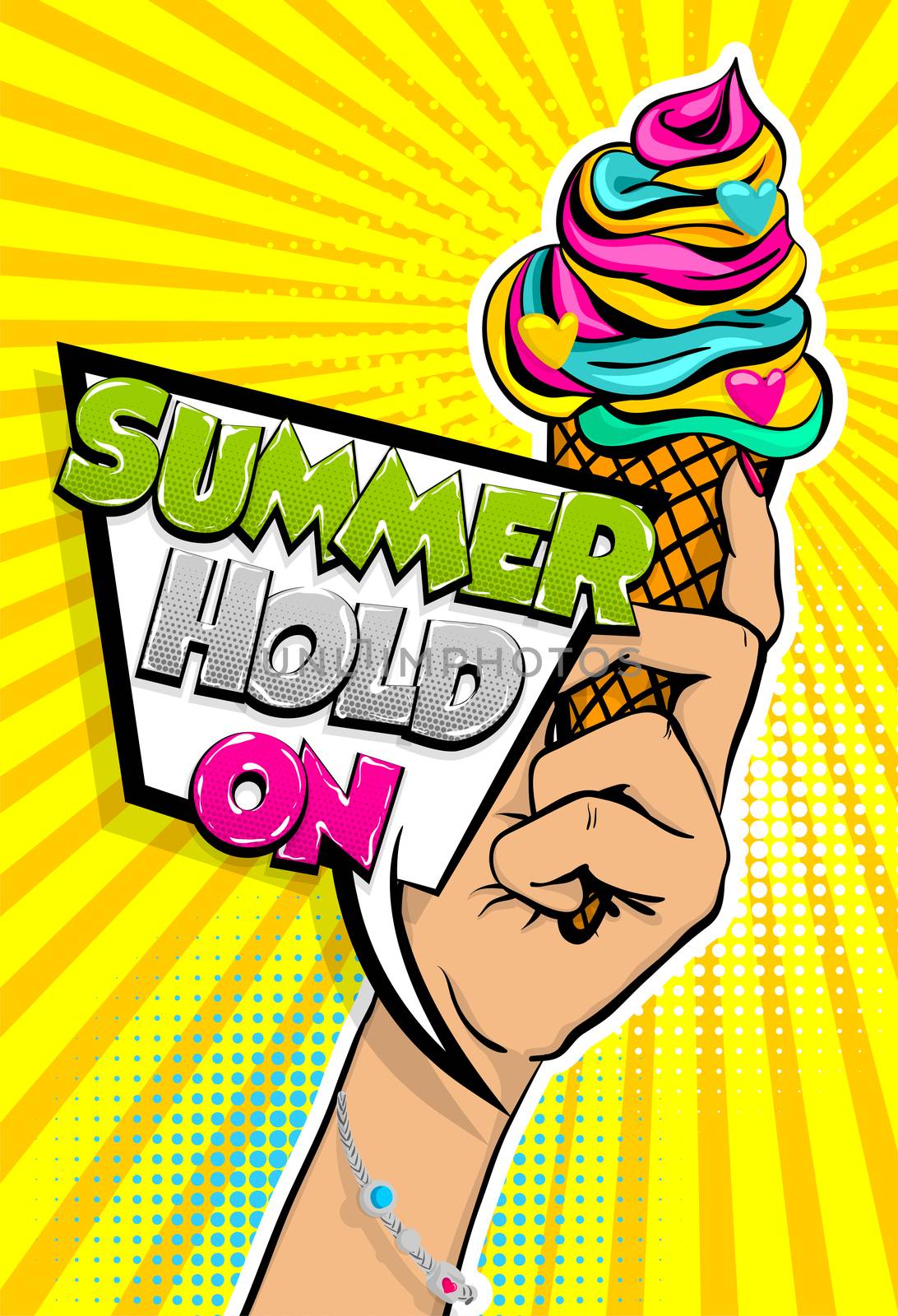 Comic book text Summer hold on. Pop art style halftone background cold sweet cartoon poster. Retro vintage vector illustration. Woman hand hold Ice Cream colorful banner food. Speech bubble.