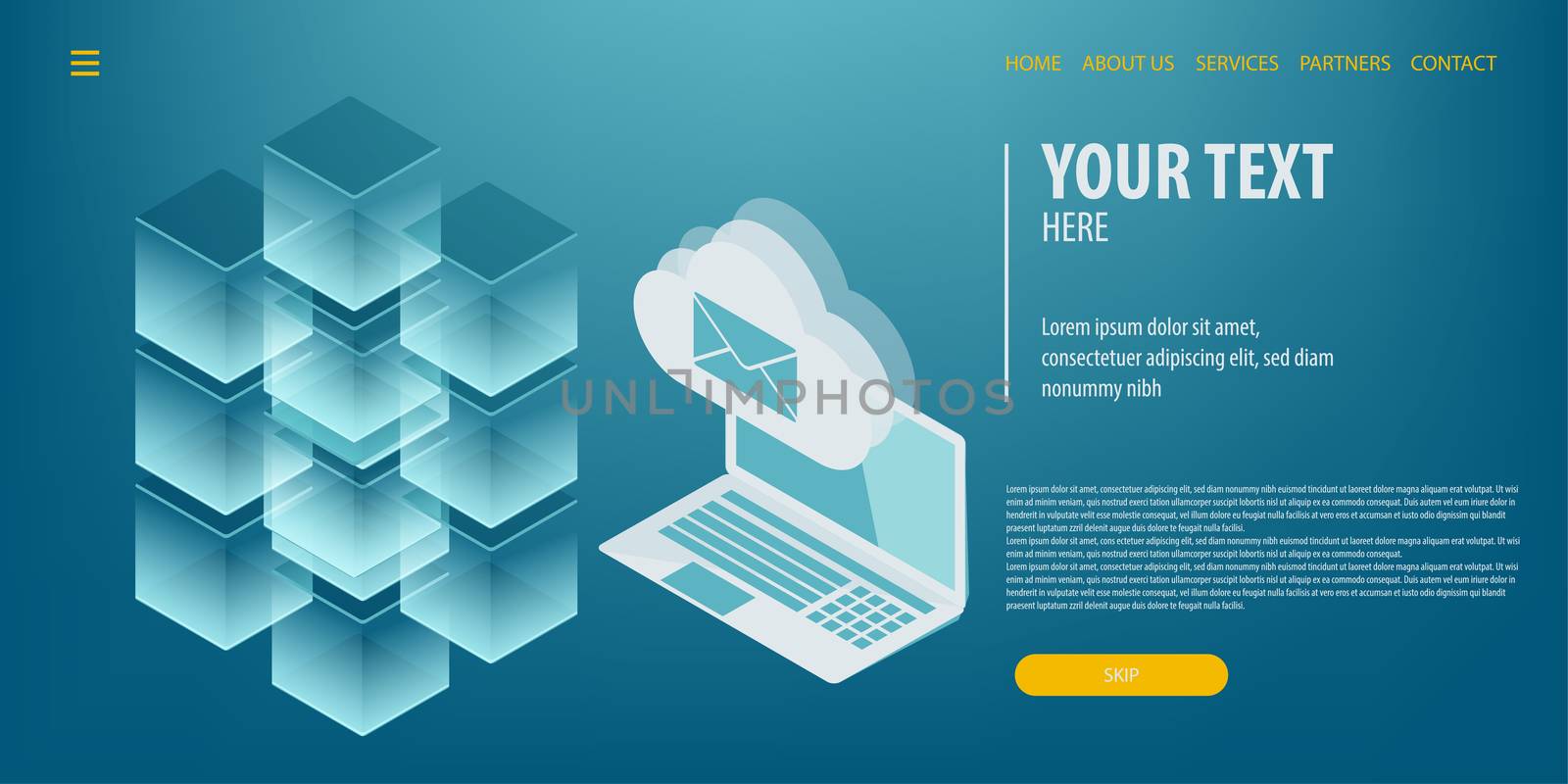 Cloud data server laptop connection isometric technology. Send mail. Digital vector illustration. Site page template.